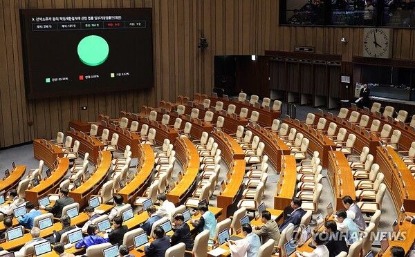 12일 국회에서 열린 2월 임시국회 본회의가 국민의힘의 보이콧 속 범여권 의원들만 참석한 채 진행되고 있다. 이날 국민의힘은 전날 법제사법위원회에서 여당 주도로 처리된 사법개혁안에 반발해 본회의와 상임위에 불참했다 [사진=연합뉴스]