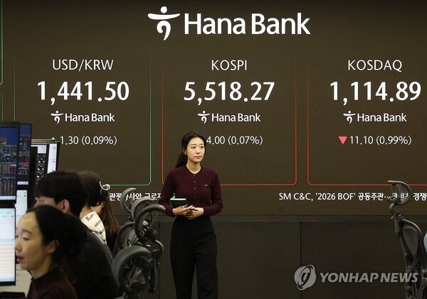 13일 서울 중구 하나은행 본점 딜링룸에서 직원들이 업무를 보고 있다. 이날 코스피는 전장보다 8.56포인트(0.16%) 내린 5,513.71로 시작해, 9시 10분 역대 최고치 5,558.82를 기록한 뒤 하락세를 보이고 있다. 원/달러&nbsp;환율은 1.3원 오른 1,441.5원으로 시작했다. 사진=연합뉴스