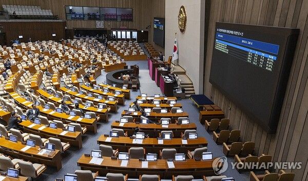 26일 국회에서 열린 2월 임시국회 8차 본회의에서 국민의힘 몫의 천영식 방송미디어통신위원회 위원 후보자의 추천안이 부결되고 있다. [사진=연합뉴스]