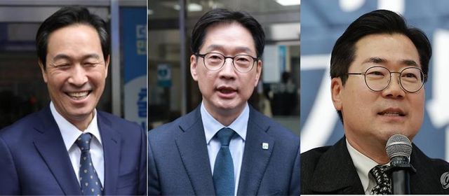 왼쪽부터 민주당 강원지사 후보로 나서는 우상호 의원, 경남지사 후보로 나서는 김경수 지방시대위원장, 인천시장 후보로 나서는 박찬대 의원, [사진=폴리뉴스/연합]
