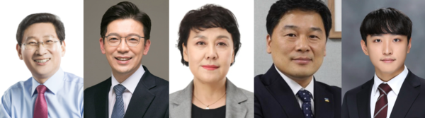 이상일 용인시장(왼쪽부터), 현근택 전 수원시 제2부시장, 정춘숙 전 국회의원, 서남권 조국혁신당 용인시 지역위원장, 송창훈 개혁신당 용인정 당협위원장. (사진=후보자 SNS 갈무리)