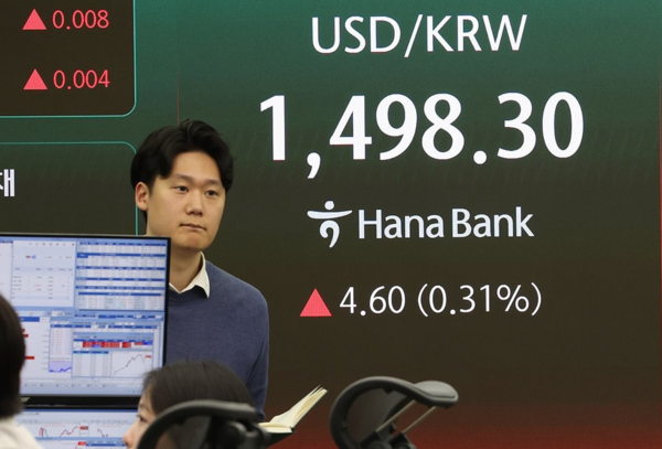 원·달러 환율이 16일 1,497.5원으로 마감하며 금융위기 이후 최고 수준에 근접했다. 이날 코스피는 62.61포인트(1.14%) 오른 5,549.85로 상승 마감했다. 사진=연합뉴스