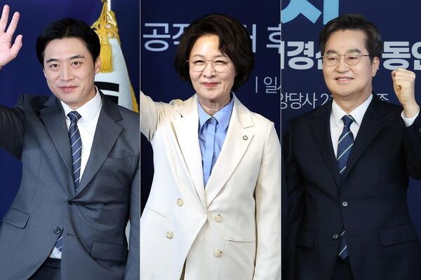 더불어민주당 6·3 지방선거 경기도지사 후보를 선출하기 위한 예비경선에서 기호 1번 한준호·기호 2번 추미애·기호 5번 김동연 등 3명(왼쪽부터 차례대로)이 본경선에 진출했다. [사진=연합뉴스]