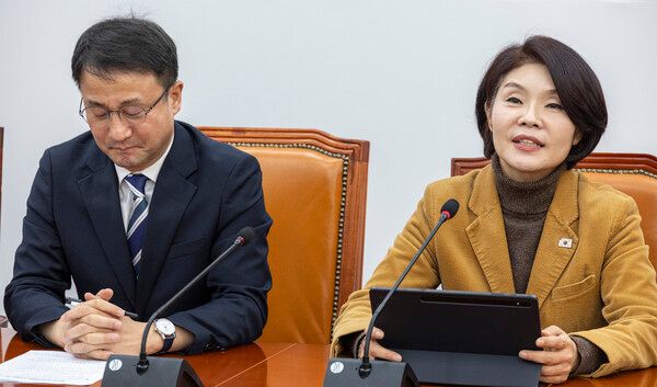 더불어민주당 한정애 정책위의장이 5일 국회에서 열린 정책조정회의에서 정책 추진 방향에 대해 말하고 있다. 2026.3.5 [사진=연합뉴스]