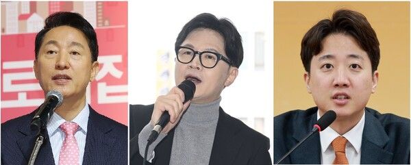사진 왼쪽부터 오세훈 서울시장, 한동훈 전 국민의힘 대표, 이준석 개혁신당 대표. [사진=연합뉴스]&nbsp;