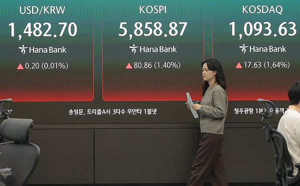 10일 원/달러 환율은 오후3시30분 기준 전날과 같은 1,482.5원을 기록했고, 코스닥은 17.63p(1.64%) 오른 1,093.63로 마감했다. [사진=연합뉴스]
