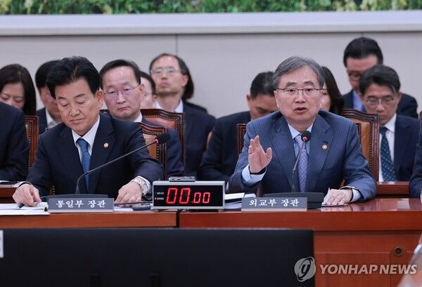 국회 외통위 전체회의서 답하는 조현 외교부 장관과 정동영 통일부 장관 [사진=연합뉴스]