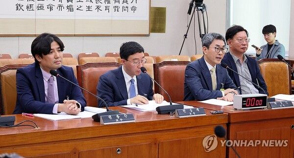 22일 국회 법제사법위원회 전체회의에서 열린 집단소송법 제정 관련 공청회에서 진술인들이 의견을 밝히고 있다.이날 공청회에는 권용수 건국대 교수, 변웅재 강남대 교수, 최경진 가천대 교수, 한경수 변호사가 참석했다. 2026.4.22 [사진=연합뉴스]