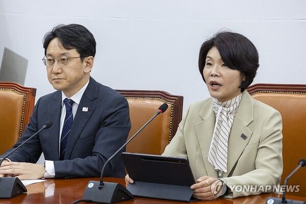 더불어민주당 한정애 정책위의장이 23일 국회에서 열린 정책조정회의에서 발언하고 있다. 2026.4.23 [사진=연합뉴스]