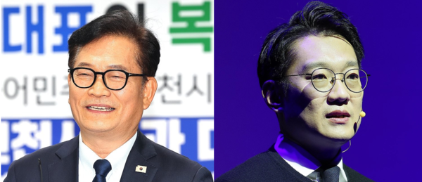 (왼쪽)송영길 전 대표가 2월 20일 인천 남동구 인천시당에서 복당 신청서를 제출한 뒤 소감을 밝히 있고고, (오른쪽)김남준 전 청와대 대변인이 3월 2일 인천 계양구 경인교육대학교에서 열린 '쉬운 정치, 김남준' 북콘서트에서 발언하고 있다. 각각 2026.2.20 / 2026.3.2 [사진=연합뉴스]