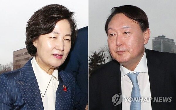 지난 2020년 1월. 추미애 법무부 장관이 외부 일정을 마친 뒤 정부과천청사 법무부에 복귀하고 있다(왼쪽 사진). 이날 오후 윤석열 검찰총장이 추미애 법무부 장관을 예방하기 위해 법무부로 들어서고 있다. 2020.1.7 [사진=연합뉴스]