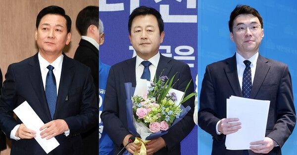 더불어민주당은 27일 6·3 지방선거와 함께 치러지는 경기 지역 국회의원 재·보궐선거 전략공천자를 발표했다. 왼쪽부터 경기 하남갑 보궐선거에&nbsp;이광재&nbsp;전 강원지사, 평택을 재선거에 김용남 전 의원, 안산갑 보궐선거에 김남국 전 의원.[연합뉴스 자료사진]