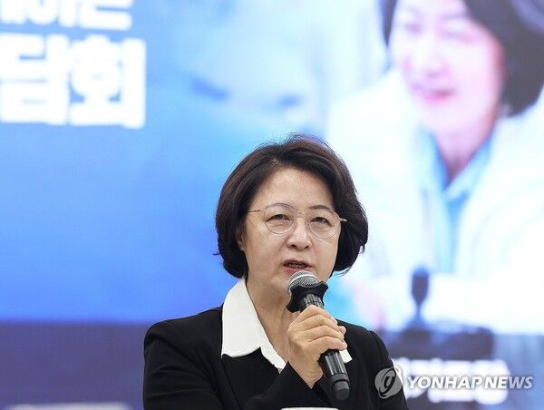 29일 경기도 수원시 경기도의회에서 열린 '더불어민주당 경기도지사 후보와 함께하는 지역위원회 현안 간담회'에서 추미애 후보가 발언하고 있다.[사진=연합뉴스]