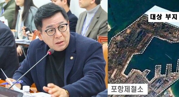 이상휘 국회의원(포항남·울릉)과 수소환원제철소 건립 위치도 / 사진=이상휘 의원 SNS,&nbsp; 구성=폴리뉴스