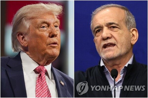 럼프 미국 대통령(왼쪽)과 마수드 페제시키안 이란 대통령&nbsp;[사진=AP·EPA=연합뉴스]