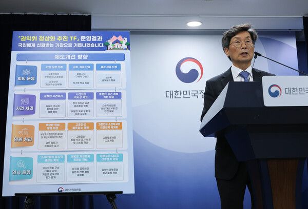 정일연 국민권익위원회 위원장이 8일 서울 종로구 정부서울청사에서 열린&nbsp;권익위 정상화 추진 TF 운영결과 발표를 하고 있다. [사진=연합뉴스]