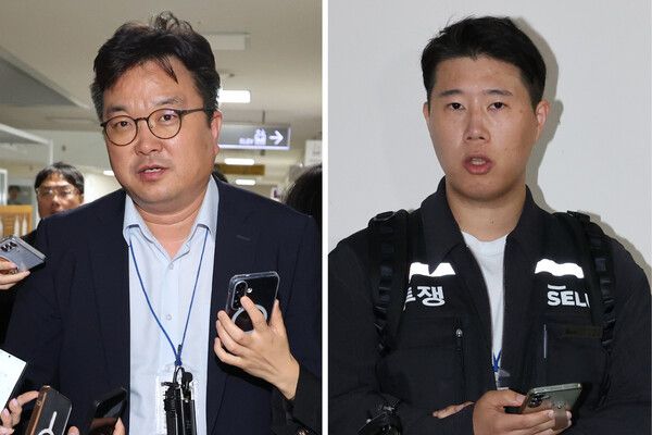 삼성전자&nbsp;대표교섭위원인 김형로 부사장(왼쪽 사진)과 최승호 초기업노조&nbsp;삼성전자지부 위원장(오른쪽 사진)이 13일 새벽 세종시 정부세종청사 중앙노동위원회에서 2026년 임금협약 체결을 위한 2차 사후조정이 결렬된 후 협상장을 각각 떠나며 취재진의 질문에 답하고 있다. [사진=연합뉴스]