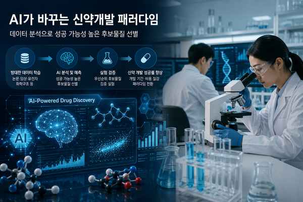 인공지능(AI)이 제약·바이오 업계 신약개발 패러다임을 바꾸고 있다. AI는 성공 가능성이 높은 후보물질을 선별하며 연구개발(R&D) 효율화를 지원하고 있다. 국내 제약사들도 AI 기반 신약개발 플랫폼 구축과 디지털 연구 환경 전환에 속도를 내고 있다. [이미지=AI 생성]