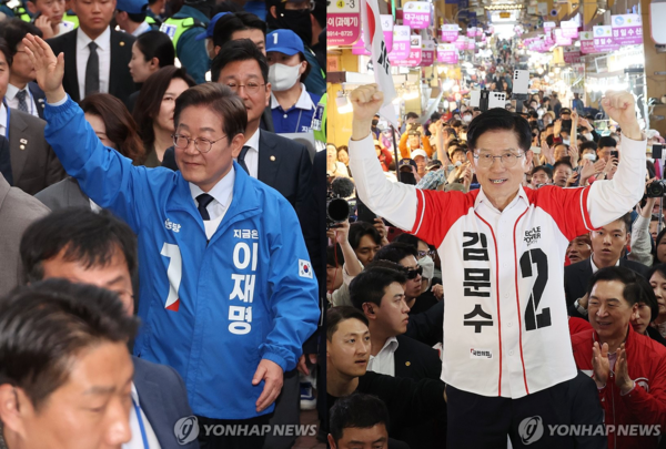 (왼쪽)더불어민주당 이재명 대선 후보가 '보수의 텃밭'으로 불리는 대구·경북(TK) 지역 유세에 나선 13일 울산광역시 롯데백화점 울산점 광장에서 시민들에게 인사하고 있다. 2025.5.13 (오른쪽)국민의힘 김문수 대선 후보가 13일 울산 남구신정시장에서 유세를 하고 있다. 2025.5.13 [사진=연합뉴스]