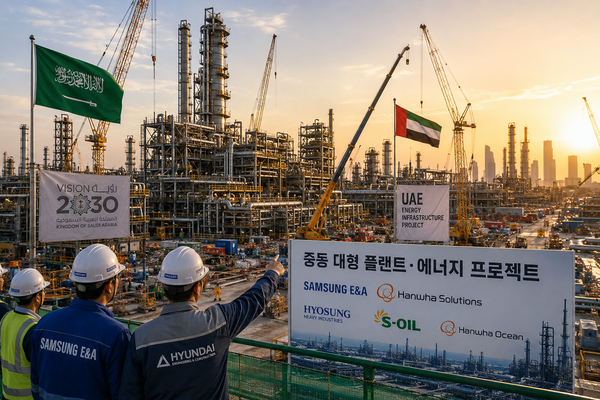 중동 지역 대형 플랜트·에너지 프로젝트 발주가 확대되면서 국내 기업들이 EPC(설계·조달·시공) 경쟁력을 앞세워 수주전에 나서고 있다. [이미지=AI 생성]