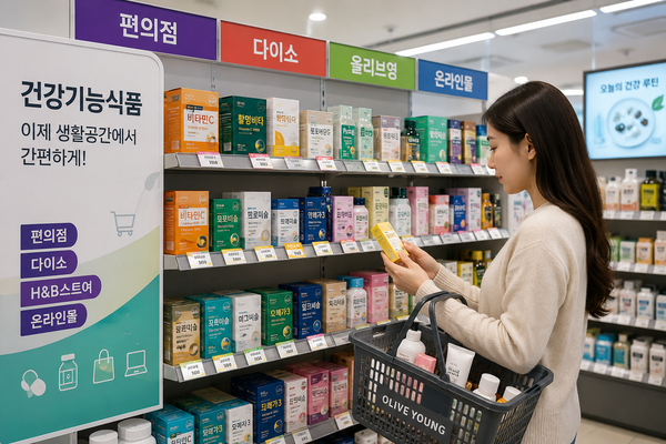 제약업계가 약국 중심 판매 구조에서 벗어나 편의점·다이소·H&B스토어·온라인몰 등 생활밀착형 유통 채널 확대에 나서고 있다. [이미지=AI 생성]