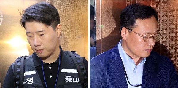 삼성전자&nbsp;사측 대표교섭위원인 여명구 DS(디바이스솔루션·반도체 사업 담당) 피플팀장과 삼성그룹 초기업노동조합&nbsp;삼성전자지부 최승호 위원장(왼쪽)이 20일 정부세종청사 중앙노동위원회에서 노사협상 결렬에 따른 입장을 밝힌 뒤 협상장을 떠나고 있다. [사진=연합뉴스]