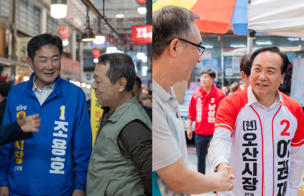 (왼쪽) 더불어민주당 조용호 오산시장 후보가 16일 오산시 오색시장에 방문해 시민들과 대화를 하고 있다. 2026.5.16. (오른쪽) 국민의힘 이권재 오산시장 후보가 25일 오산시 오산시장을 방문해 시민들과 인사하고 있다. 2026.5.25. [사진=각 후보 SNS]
