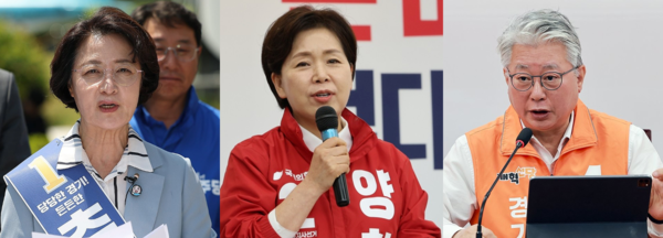 (왼쪽) 더불어민주당 추미애 경기도지사 후보가 14일 고양시 덕양구 한국항공대학교에서 열린 '항공-우주 MRO분야 첨단산업 육성 공약 발표'에서 발언하고 있다. 2026.5.14(가운데) 국민의힘 양향자 경기도지사 후보가 14일 경기도 수원시 장안구 국민의힘 경기도당에서 열린 선거 사무소 개소식에서 출마 연설을 하고 있다. 2026.5.14 (오른쪽) 개혁신당 공동선거대책위원장인 조응천 경기도지사 후보가 11일 국회에서 열린 6·3 지방선거 제1차 중앙선대위 회의에 참석해 발언하고 있다. 2026.5.11 [사진=연합뉴스]