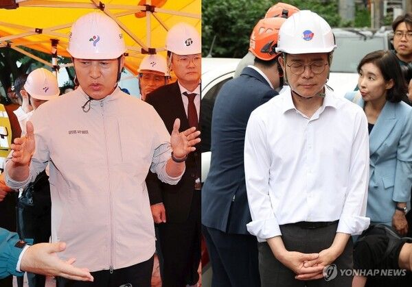 26일 서울 서대문구 서소문고가차도 붕괴 현장에서 사고 수습 상황을 살피고 있는 오세훈 국민의힘 서울시장 후보(左), 묵념하고 있는 정원오 민주당 후보.[사진=연합뉴스]