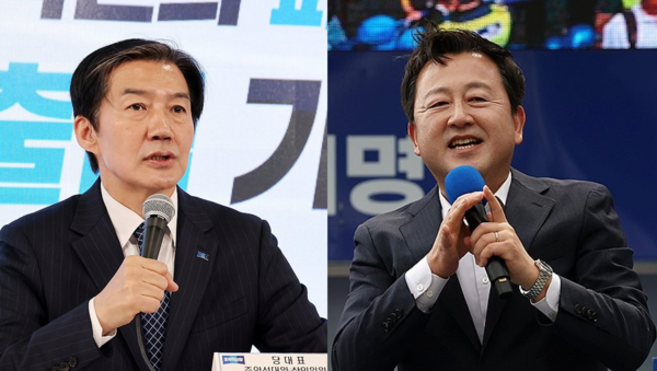 (왼쪽)조국혁신당의 호남선거대책위원회 출범 기자회견에서 조국 대표가 발언하고 있다. 2026.5.2 [연합뉴스] (오른쪽)지난 21대 대통령 선거 과정에서 김용남 전 의원이 당시 대통령 후보였던 이재명 대통령에 대한 지지 연설을 하고 있다. 2025.5.17 [공동 취재]