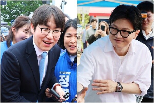 부산 북구갑 재보궐선거에 출마한 하정우 전 청와대 AI미래기획수석과 한동훈 전 국민의힘 대표. [연합뉴스 자료사진]&nbsp;