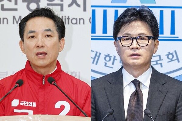 부산 북구갑 보궐선거에 출마하는 박민식 국민의힘 후보와 한동훈 무소속 후보. [사진=연합뉴스]