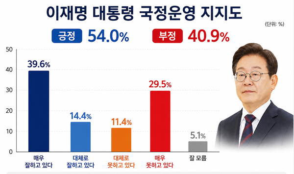 이재명 대통령 국정운영에 대한 긍정 평가는 54.0%, 부정 평가는 40.9%로 집계됐다. 긍정 평가가 과반을 유지했지만 직전 조사 대비 하락세를 보였다. [그래픽=AI생성]
