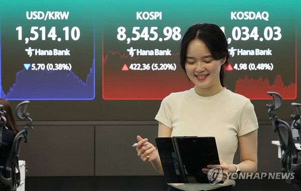 15일 코스피는 전장보다 422.36포인트(5.20%) 오른 8,545.98에, 코스닥은 4.98포인트(0.48%) 오른 1,034.03으로 장을 마감했다. [사진=연합뉴스]