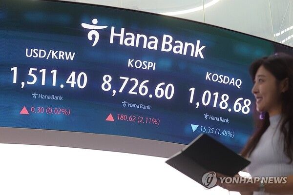 16일 코스피는 180.62포인트(2.11%) 오른 8,726.60으로 장을 마쳤다. [사진=연합뉴스]