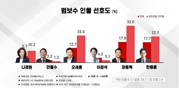 여론조사기관 에브리리서치 6월 2주차 정례 여론조사 결과에 따르면, 범보수 인물 선호도 조사에서 장동혁 국민의힘 대표가 17.9%, 한동훈 무소속 의원이 17.7%, 오세훈 서울시장이 12.7%를 기록하며 상위권 경쟁 구도를 형성했다. 국민의힘 지지층에선 장 대표가 32.0%로 가장 높았고, 오세훈(23.5%)과 한동훈(22.7%)이 뒤를 이었다. [그래프=에브리리서치]