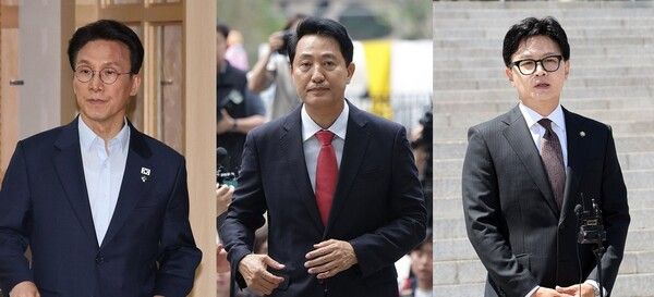 (왼쪽부터) 김민석 국무총리, 오세훈 서울시장, 한동훈 무소속 의원.[사진=연합뉴스]