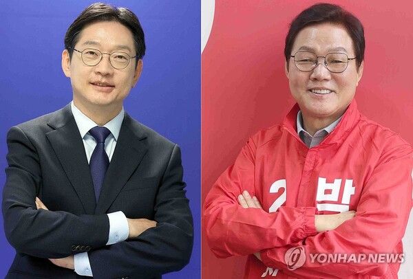더불어민주당 김경수 경남지사 후보와 국민의힘 박완수 후보(기호순)가 경남 창원시 성산구 각 후보의 캠프에서 최근 연합뉴스와 진행한 인터뷰에 앞서 사진 촬영하는 모습. [사진=연합뉴스]