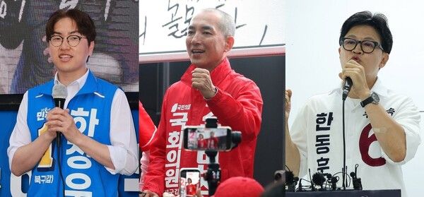 부산 북갑 재보선에서 대결하는 하정우 더불어민주당 후보, 박민식 국민의힘 후보, 한동훈 무소속 후보.[사진=연합뉴스]