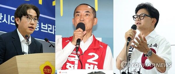 부산 북갑 국회의원 보궐선거에 출마한 더불어민주당 하정우 후보, 국민의힘 박민식 후보, 무소속 한동훈 후보가 1일 부산 연제구 부산시의회와 선거사무소에서 기자회견을 갖고 있다. [사진=연합뉴스]