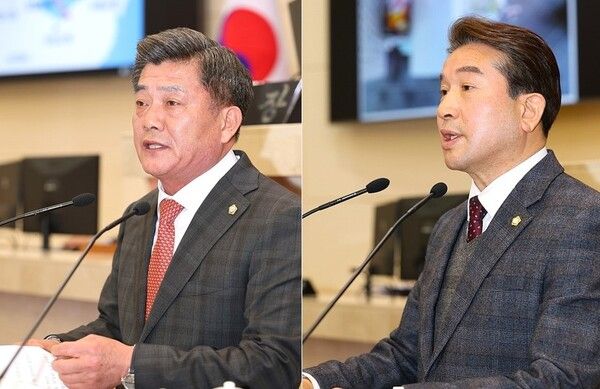 국민의힘 포항남·울릉 당협의 제10대 전반기 포항시의회 의장·부의장 후보로 선정된&nbsp;김철수(왼쪽)·조민성 3선 시의원