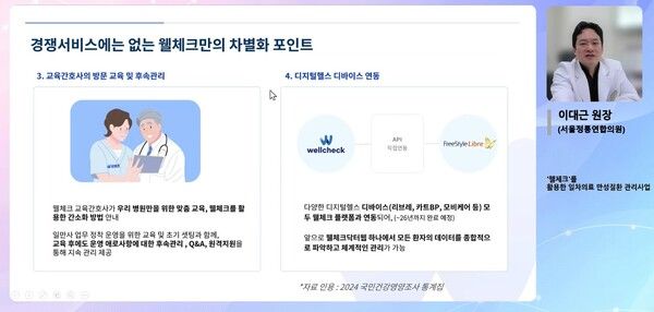 이대근 서울정통연합의원 원장이 닥터빌 온라인 세미나에서 '웰체크를 활용한 일차의료 만성질환 관리사업 운영 사례'를 발표하고 있다. [사진=엠서클]