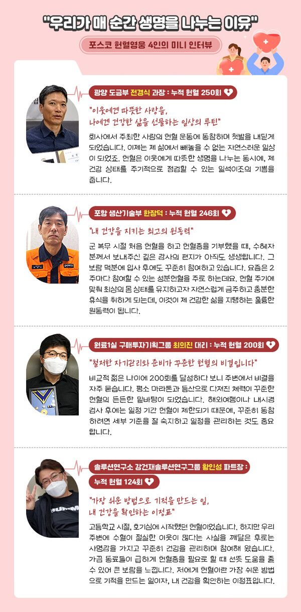 포스코에는 헌혈을 200회 이상 기록한 '헌혈 영웅'이 사내 헌혈운동의 큰 귀감이 되고 있다. [사진=포스코]