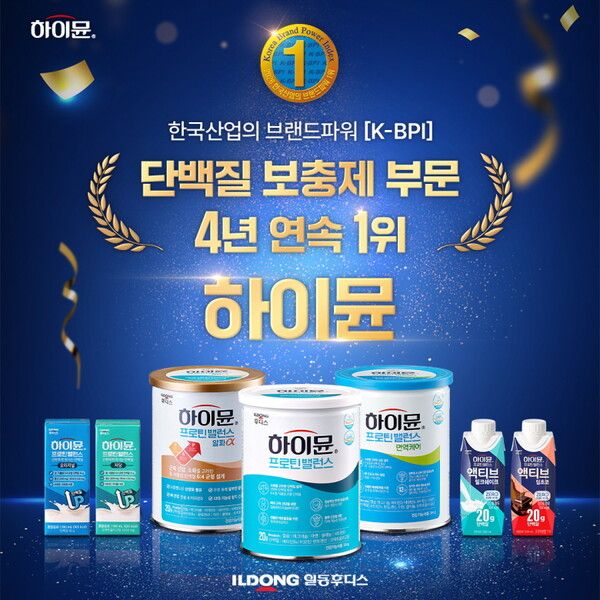 일동후디스 '하이뮨 프로틴 밸런스'가 올해 한국산업의 브랜드파워(K-BPI) 조사에서 단백질 보충제 부문 4년 연속 1위를 기록했다. [사진=일동후디스]