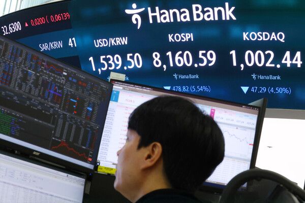 5일 서울 중구 하나은행 딜링룸 현황판에 코스피 등이 표시되고 있다. 이날 코스피는 전 거래일 대비 478.82포인트(5.54%) 내린 8,160.59에, 코스닥은 47.29포인트(4.50%) 내린 1,002.44에 장을 마감했다. (사진=연합뉴스)