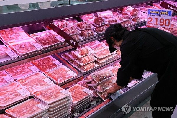 시급표에서 매대까지, 짧고도 먼 거리: 피서철을 앞두고 삼겹살 등 여름철 수요가 많은 먹거리 가격이 오르면서 장바구니 부담이 커지고 있다. 서울의 한 대형마트 축산물 판매대 모습. [사진=연합뉴스]