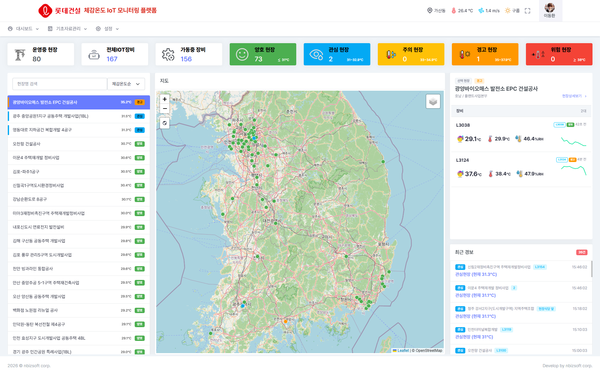 체감온도 IoT 모니터링 플랫폼' 대시보드 화면. 전국 현장의 IoT 온∙습도계 가동 상태, 실시간 체감온도, 위험단계 등을 지도를 통해 한눈에 파악할 수 있도록 구성돼 있다. [사진=롯데건설]