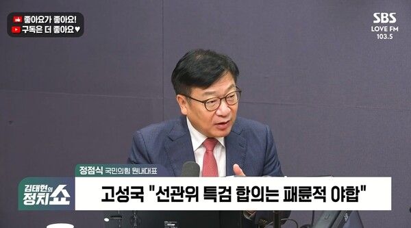 정점식 국민의힘 원내대표가 28일 SBS라디오 '김태현의 정치쇼'에 출연해 장 대표 거취에 대해 말했다. [출처=유튜브 화면 캡처]