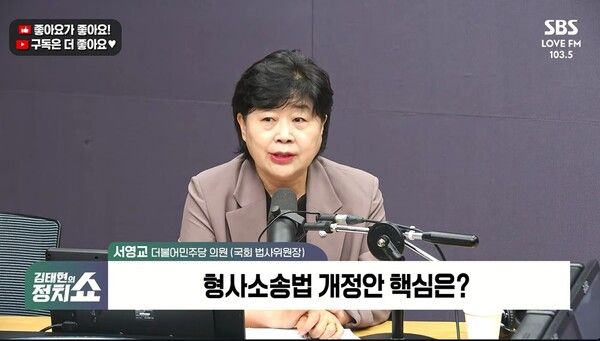국회 법사위원장을 맡고 있는 서영교 더불어민주당 의원이 29일 SBS라디오 '김태현의 정치쇼'에 출연했다. [출처=유튜브 화면 캡처]