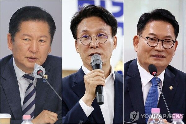 정청래 전 더불어민주당 대표(왼쪽부터), 김민석 전 국무총리, 송영길 전 더불어민주당 대표 [사진=연합뉴스]